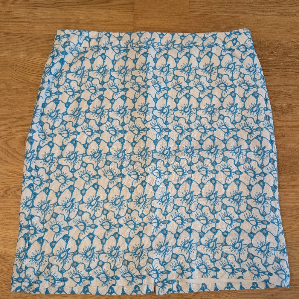 100% Linen Blue and White Floral Eyelet Pencil Skirt